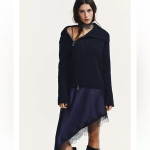 Zara Navy Rib Knit Zipper Cardigan Sweater